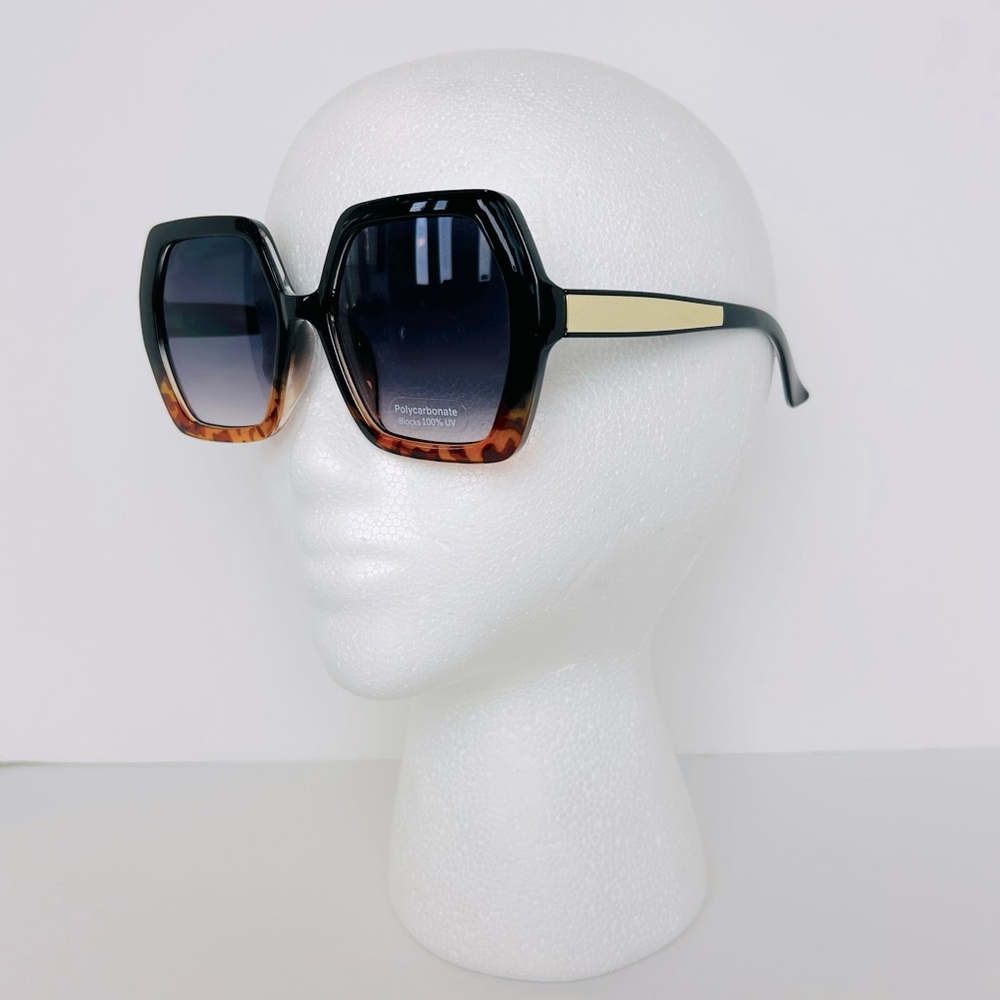 Sunglasses Women's Black Leopard With Gold Hexagon Shaped Oversized Shades NEW